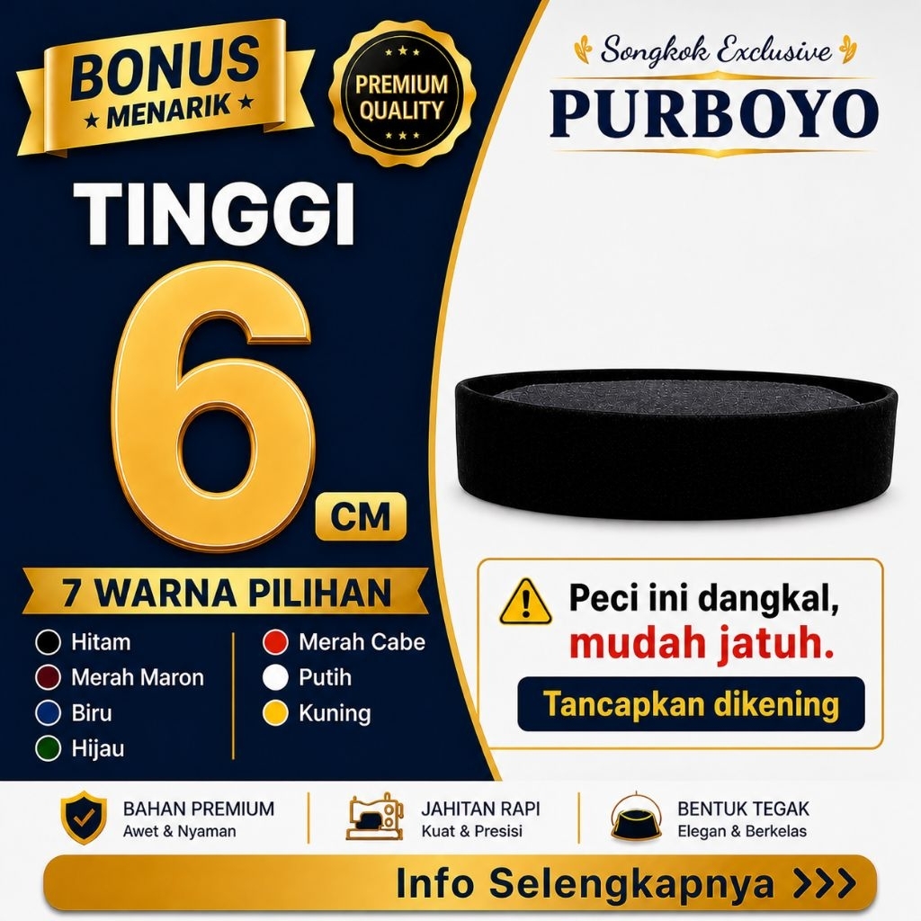 Peci Tinggi 6 cm - Bludru Halus Berkualitas Premium Model AC - Songkok Purboyo Kopiah Polos