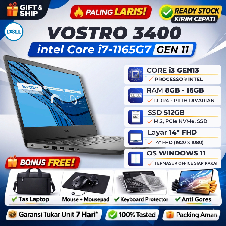 DELL VOSTRO 3400 i7-1165G7 16GB 512GB SSD Win11+Office 14" FHD IRIS Xe