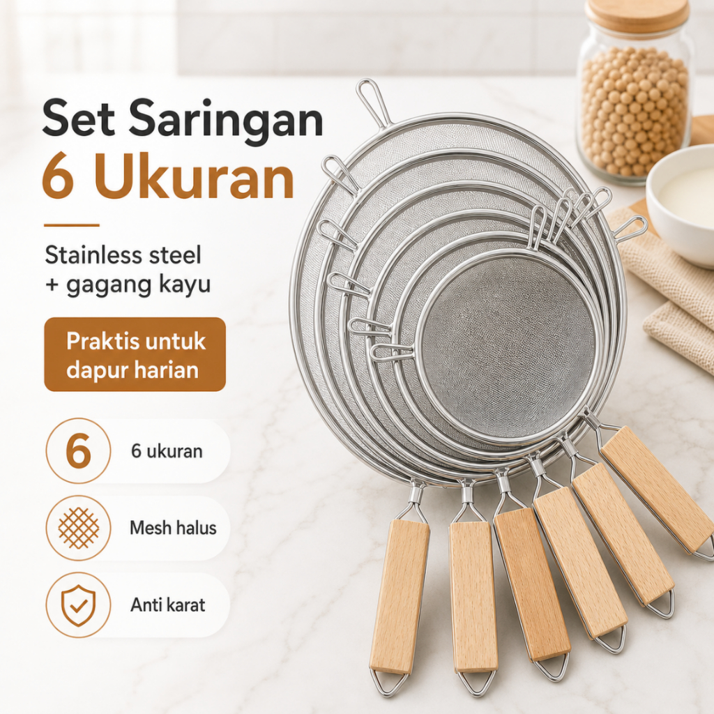 Saringan Ayakan Tepung Stainless Gagang Kayu Saringan Minyak Serbaguna Alat Dapur Halus Serok