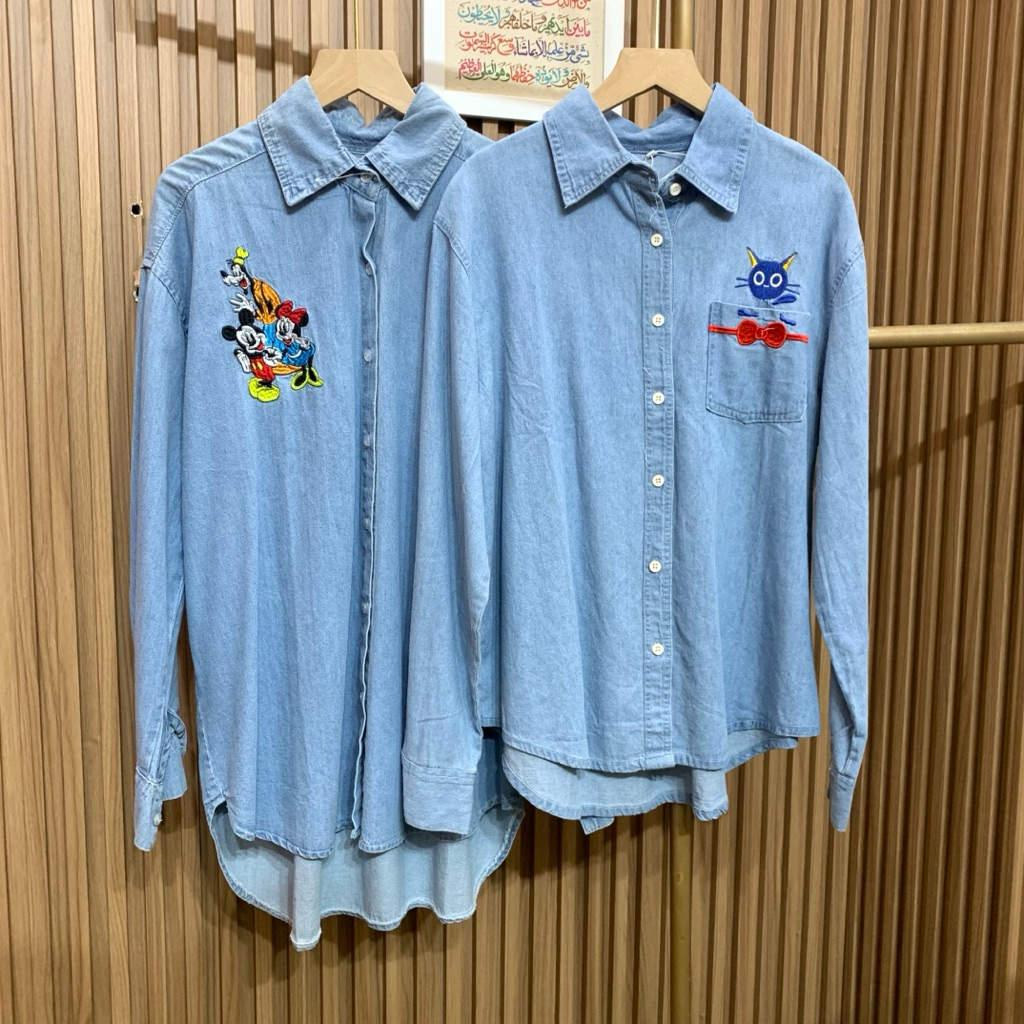 KEMEJA DENIM WANITA MOTIF KARTUN BAHAN DENIM PREMIUM