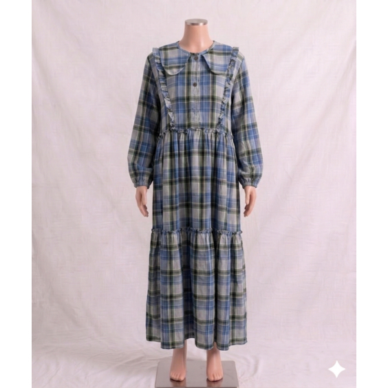 [PRELOVED] Fadiyah Original Brand – Chic Plaid Tiered Dress – Soft Blue & Forest Green – Gamis Lucu 