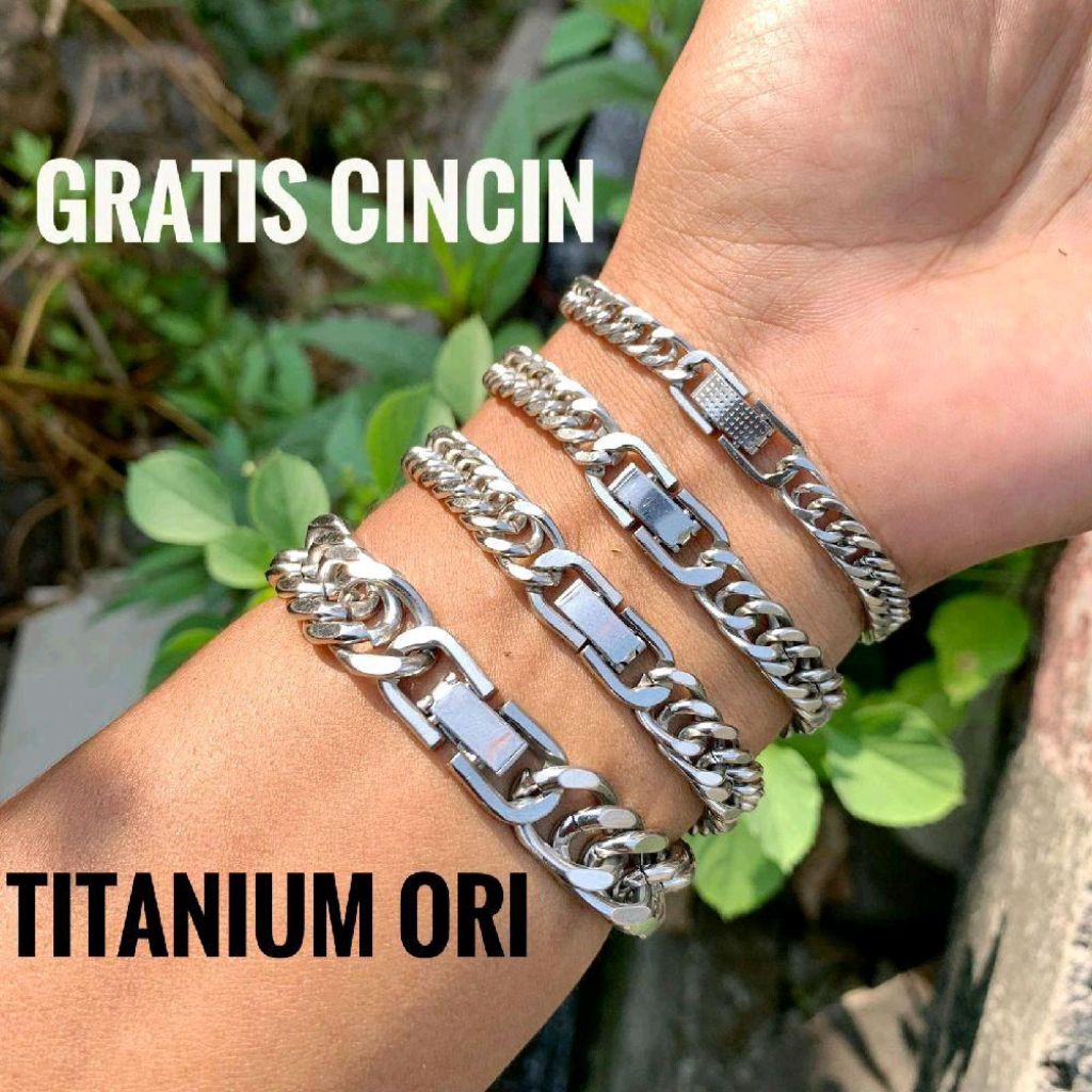 Gelang Rantai Titanium Silver Ori Pengait Klip