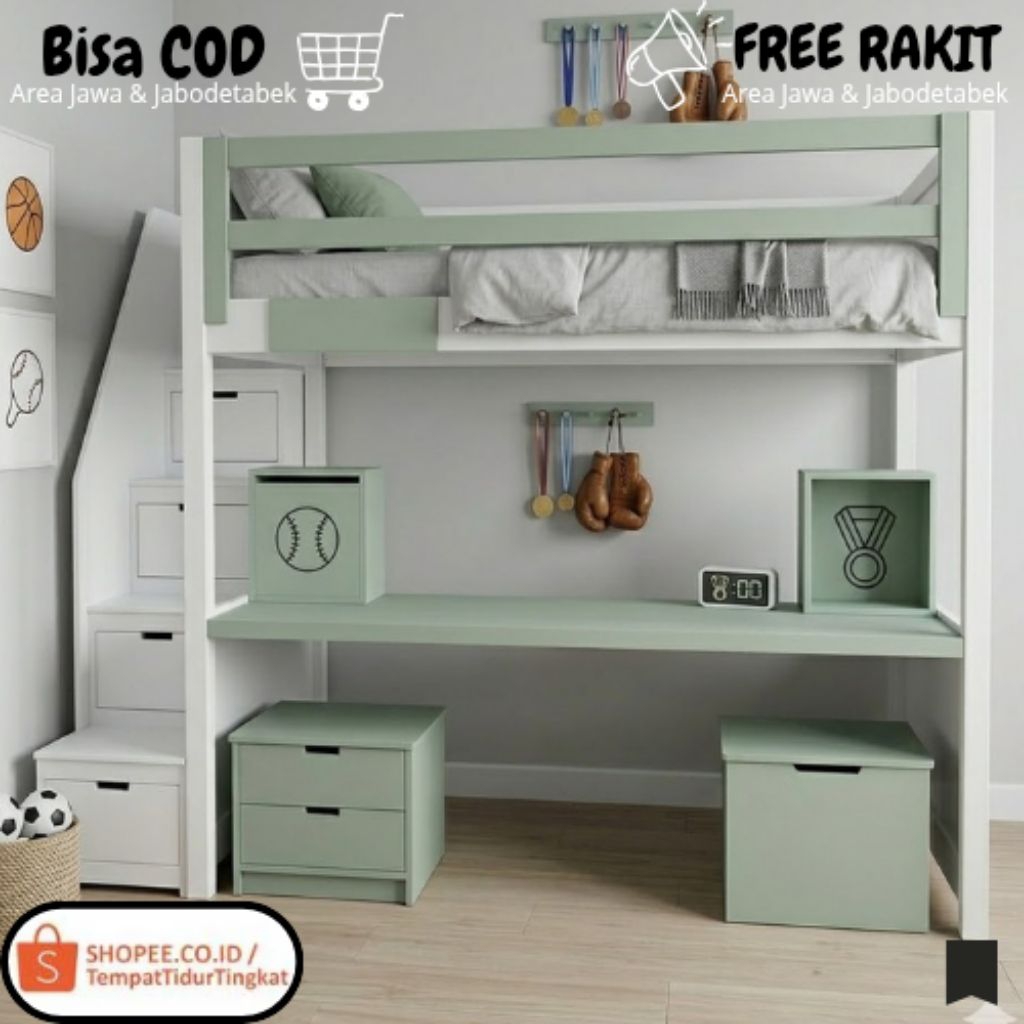 Kasur Tingkat Anak Multifungsi Custom Meja belajar + Storage