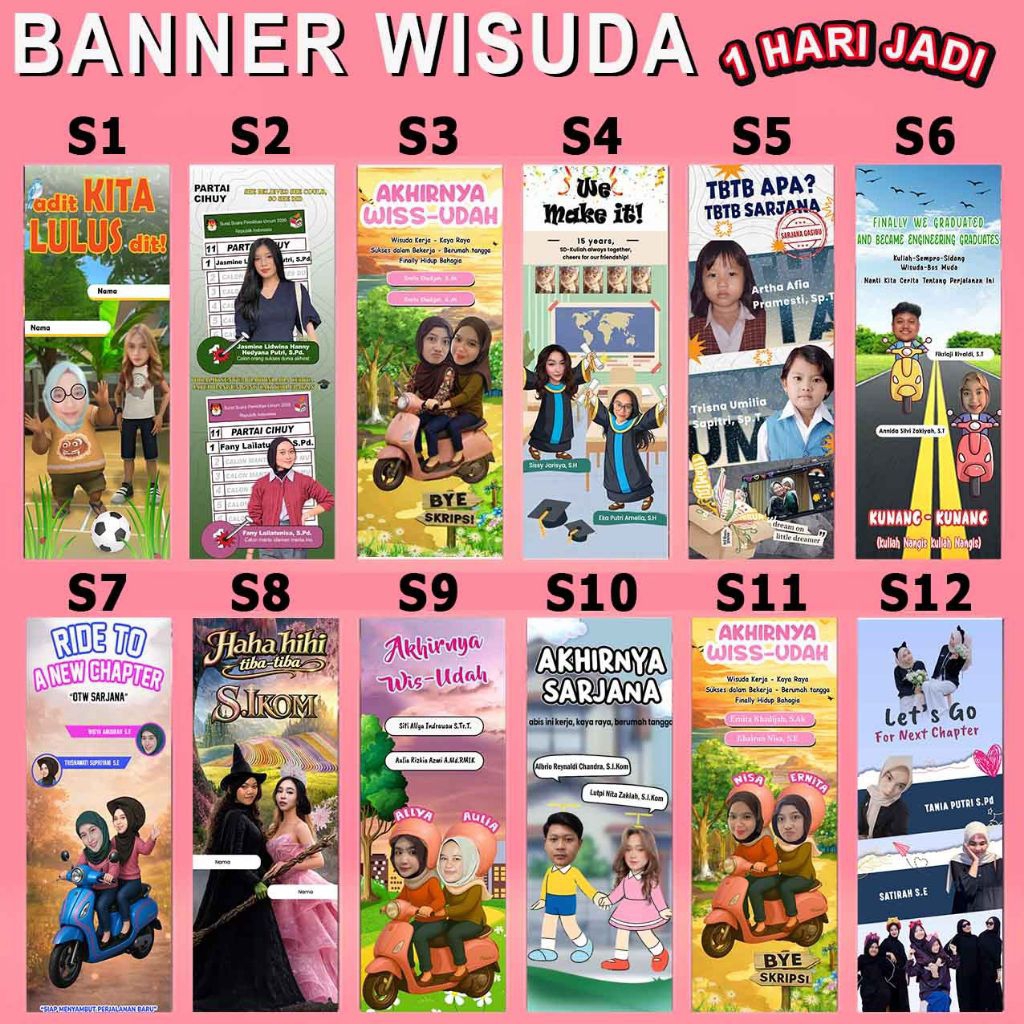 Cetak banner baner wisuda sidang skripsi lucu kekinian pasangan