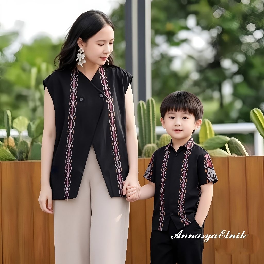 Baju Couple Tenun Etnik Ibu Dan Anak Laki-Laki Lengan Pendek