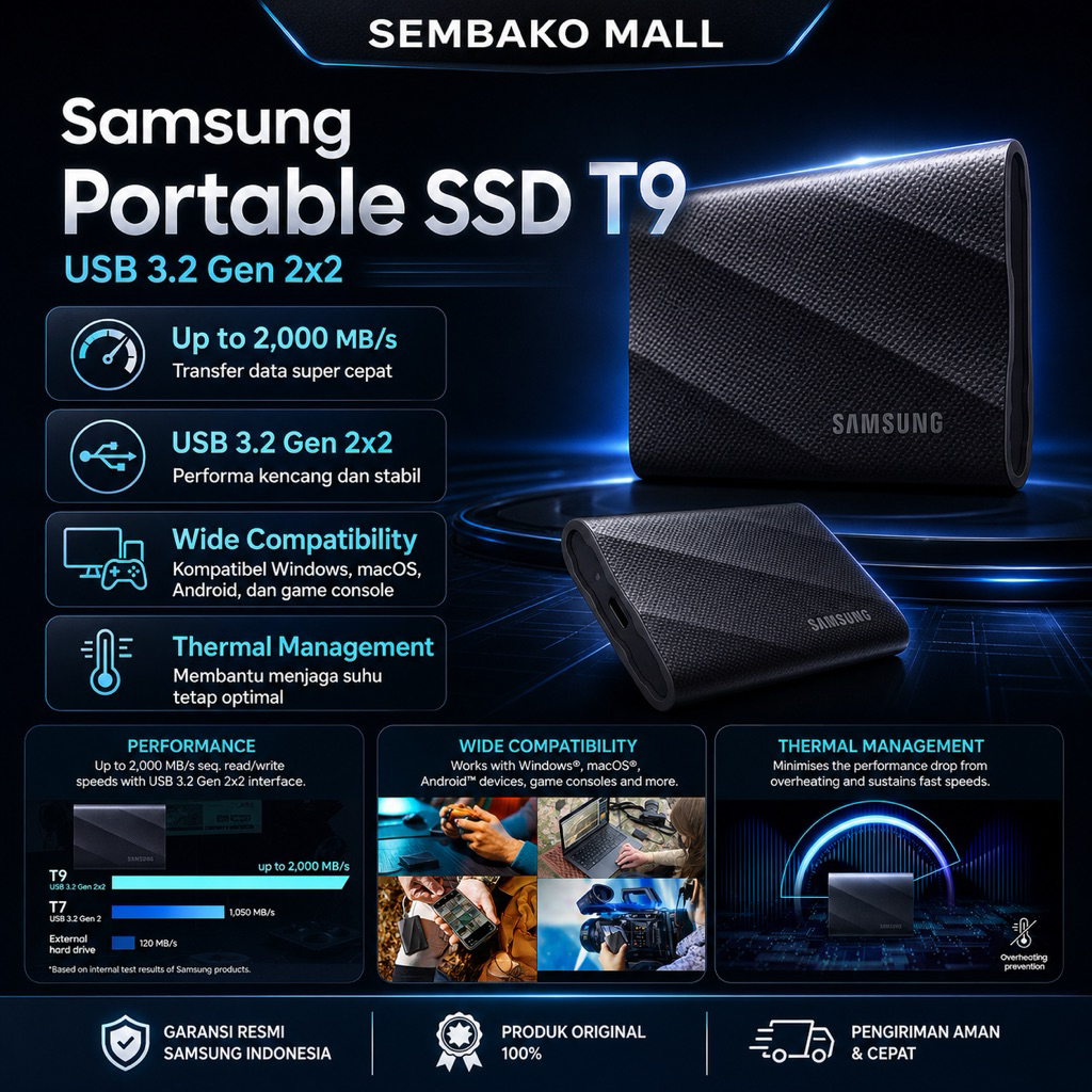 Samsung T9 Portable SSD External USB 3.2 Gen 2x2 2000MB/s Original Garansi Resmi 4TB