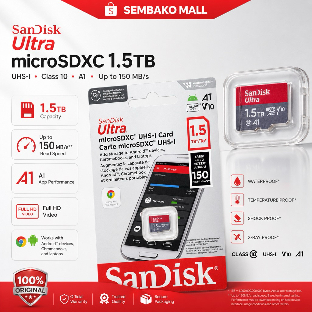 SanDisk Ultra MicroSDXC 1.5TB UHS-I A1 Class 10 150MB/s Kartu Memori HP Tablet Kamera SDSQUAC-1T50-G