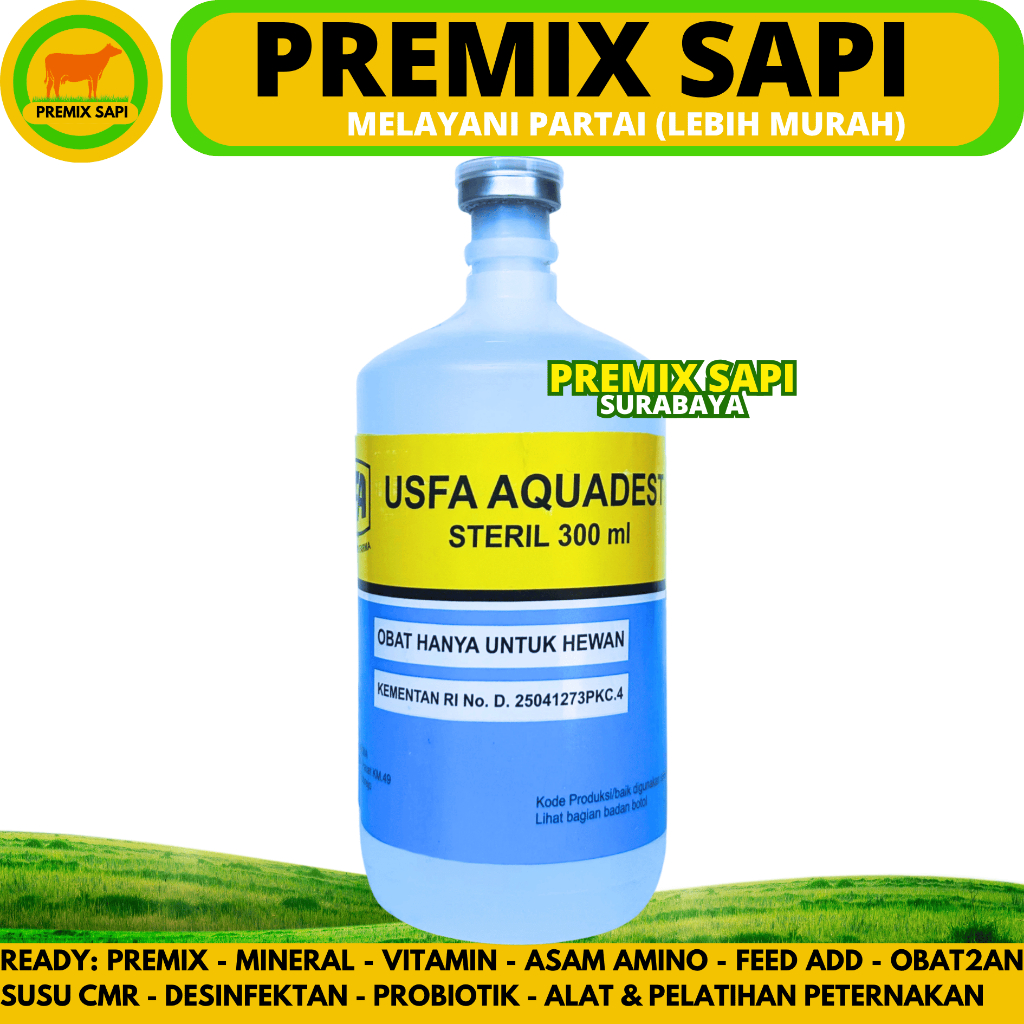 USFA AQUADEST 300ML - Aquades Air Steril Destilated Water untuk Campuran Obat Hewan Ternak