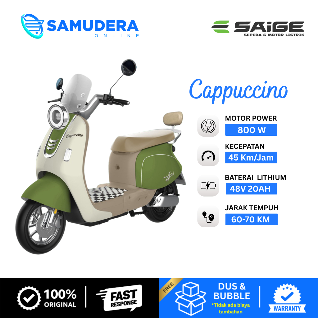Sepeda Listrik Saige Cappuccino Baterai Lithium 800W Model Vespa Bergaransi Resmi