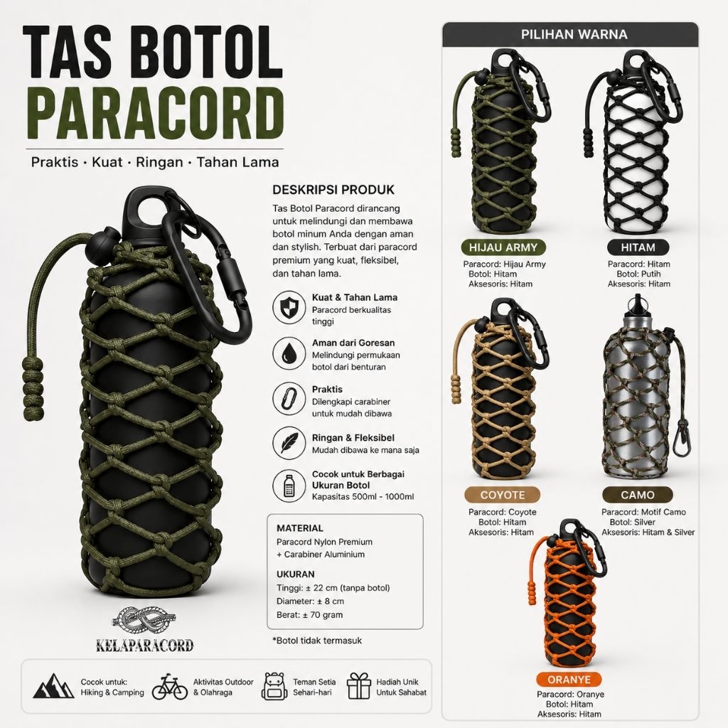 Tas Botol Paracord Olahraga Jaring Anyaman Paracord, Tempat Botol ParacordTas Botol Paracord Olahrag