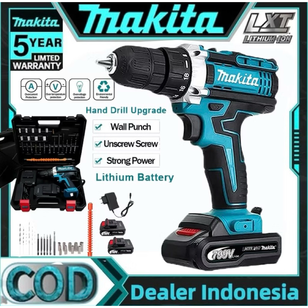 MAKITA Bor Impact Elektrik Makita 96V Tanpa Kabel dengan Mata Bor dan 2 Baterai Alat Obeng Bor Tanga