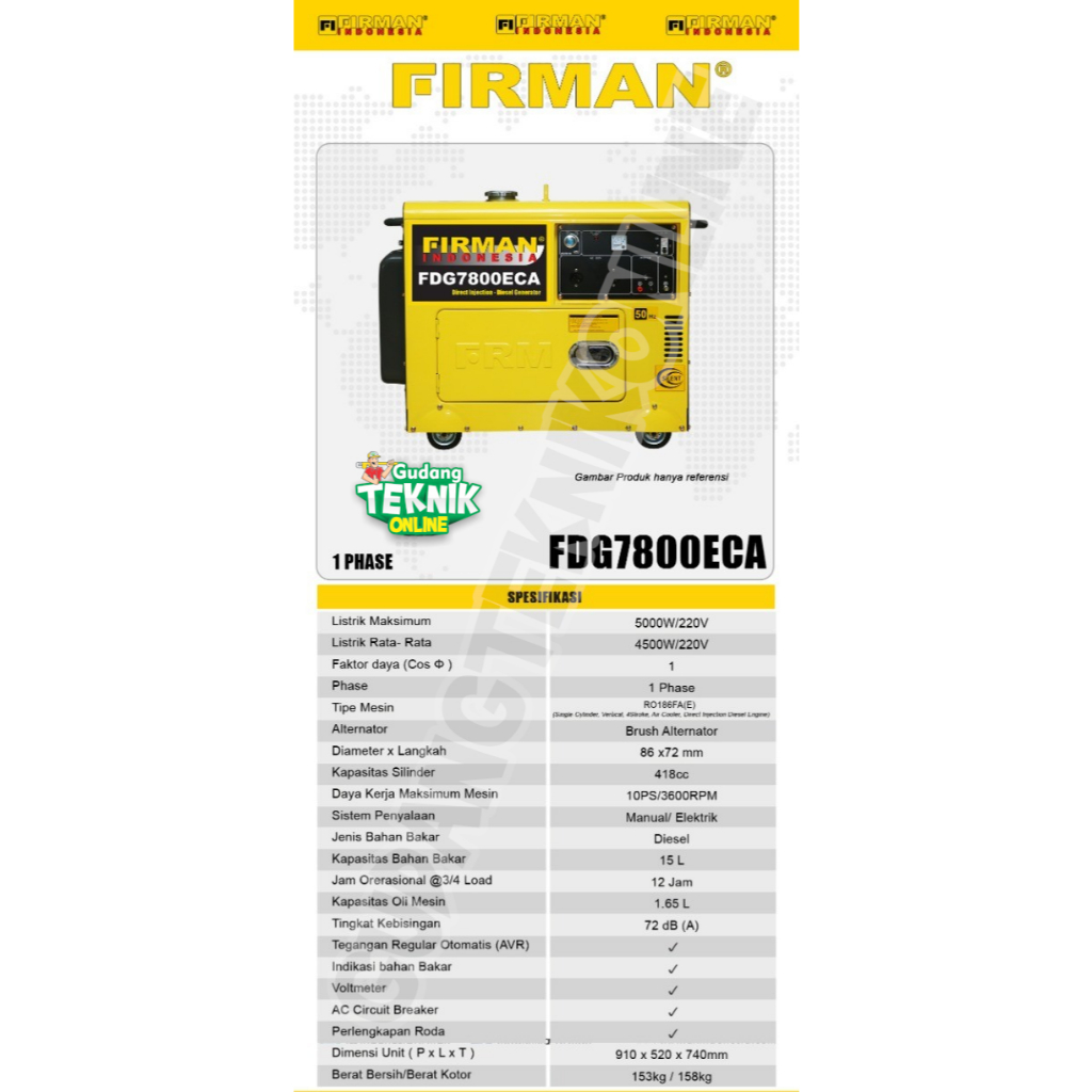 Genset Listrik Silent 5000Watt FIRMAN FDG7800ECA Diesel AVR Starter Stater  5kW / Power Generator Di