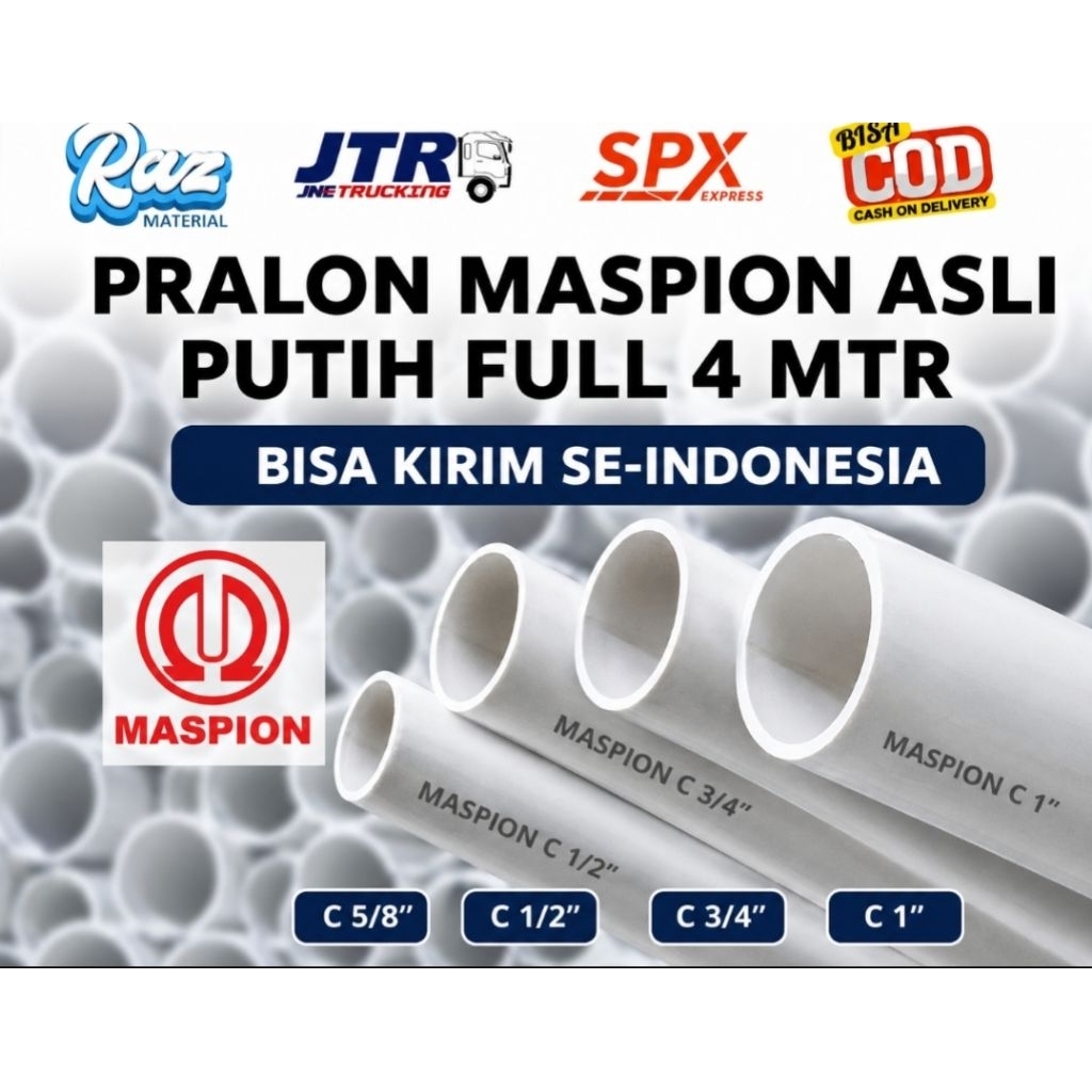 Pipa Pralon Maspion Putih C 5/8, 1/2, 3/4 dan 1 Inch PVC Original Full 4 Meter Bisa Kirim