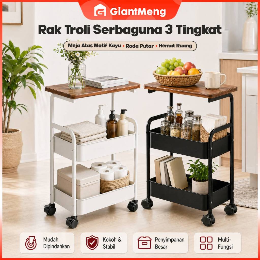 GiantMeng-Rak Troli Serbaguna 3 Tingkat Beroda dengan Papan Kayu - Rak Dapur & Rak Buku Pelajar
