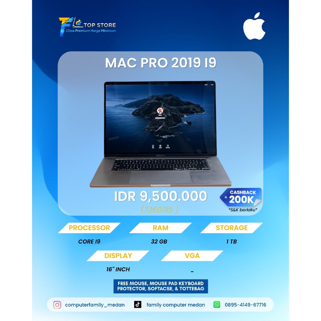 LAPTOP MACBOOK APPLE PRO 2019 INTEL CORE I9 | RAM 32GB SSD 1TB | TOUCHBAR