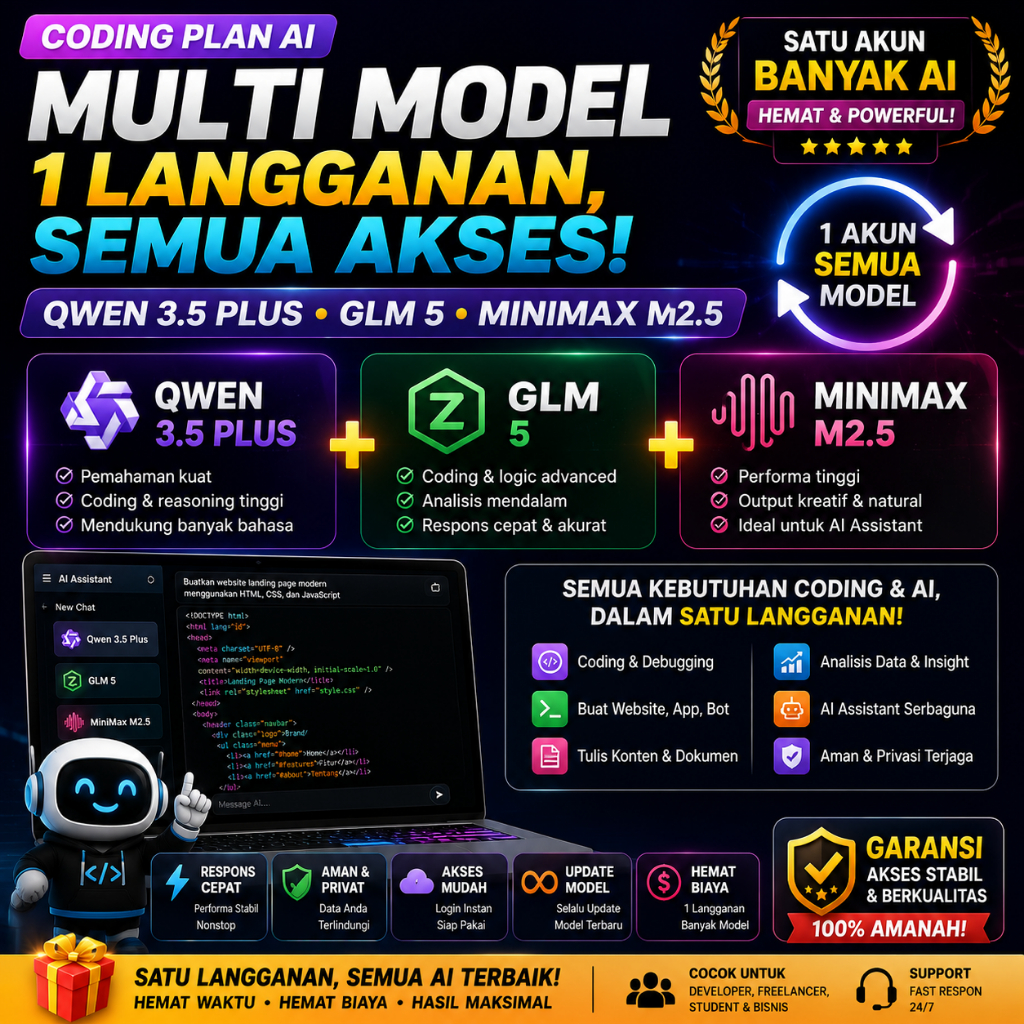 Coding Plan AI Multi Model (Qwen 3.5+, GLM 5, MiniMax M2.5) | 1 Langganan Full Akses Semua AI | Hema