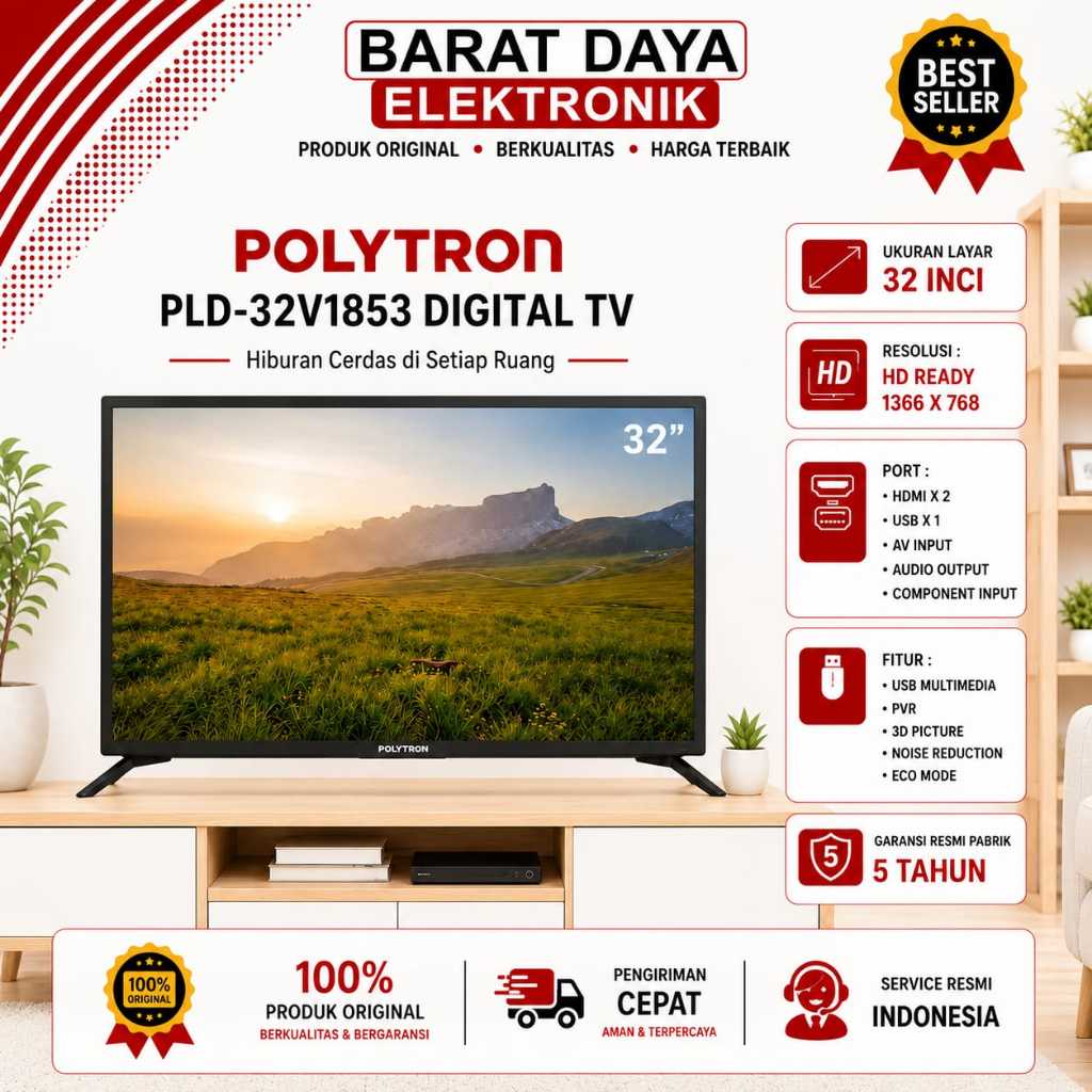 LED DIGITAL POLYTRON DIGITAL LED TV 32 Inchi LED TV LED Digital PLD32V1753 USB Movie HDMI DVB-T2