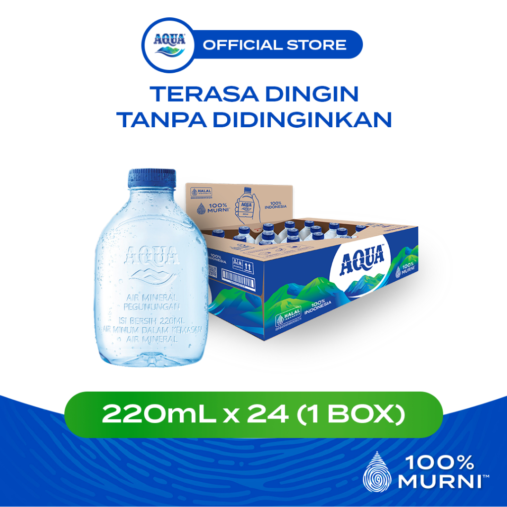 AQUA Cube Air Mineral 220mL x 24 Botol (1 Box), AQUA Botol Kecil, 100% Murni