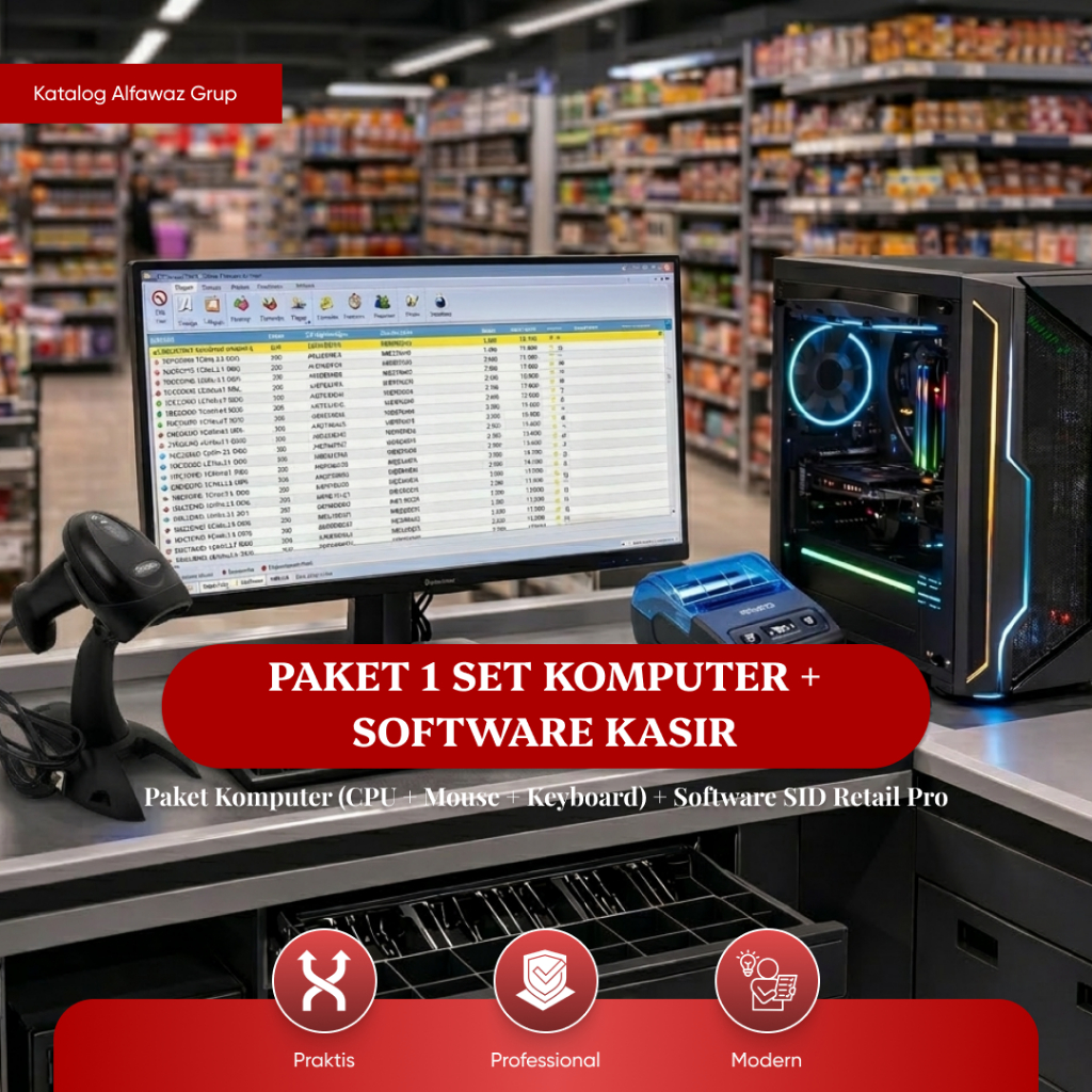 Paket Komputer Kasir Lengkap 1 Set | PC Kasir + Scanner Barcode + Printer Thermal + Laci Kasir + Sis