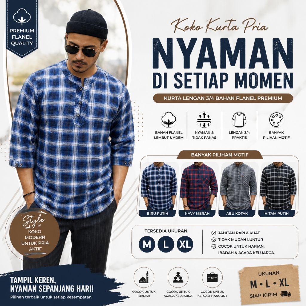 KEMEJA KOKO KURTA PRIA 3/4 FLANEL