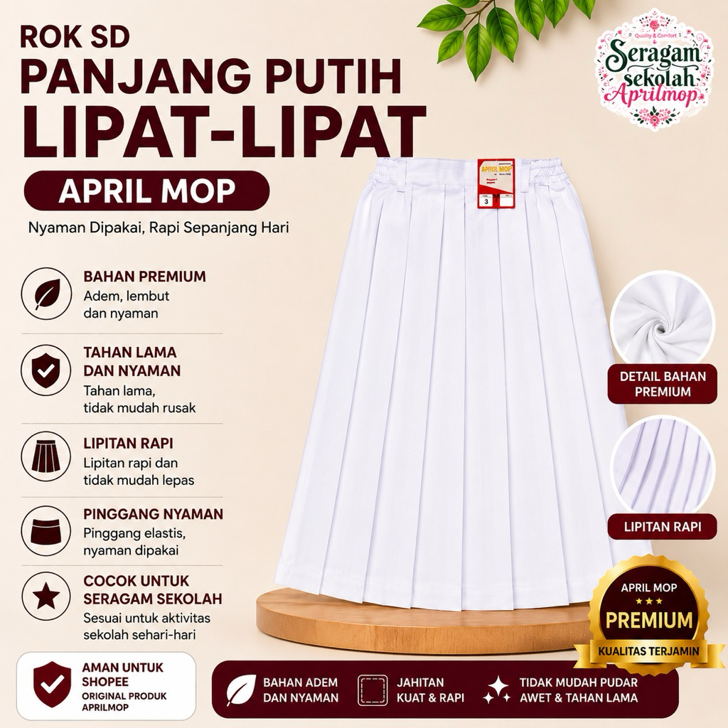 Rok SD Panjang Putih Lipat-Lipat Premium | Rok Sekolah Putih Anak Perempuan Pinggang Karet April Mop