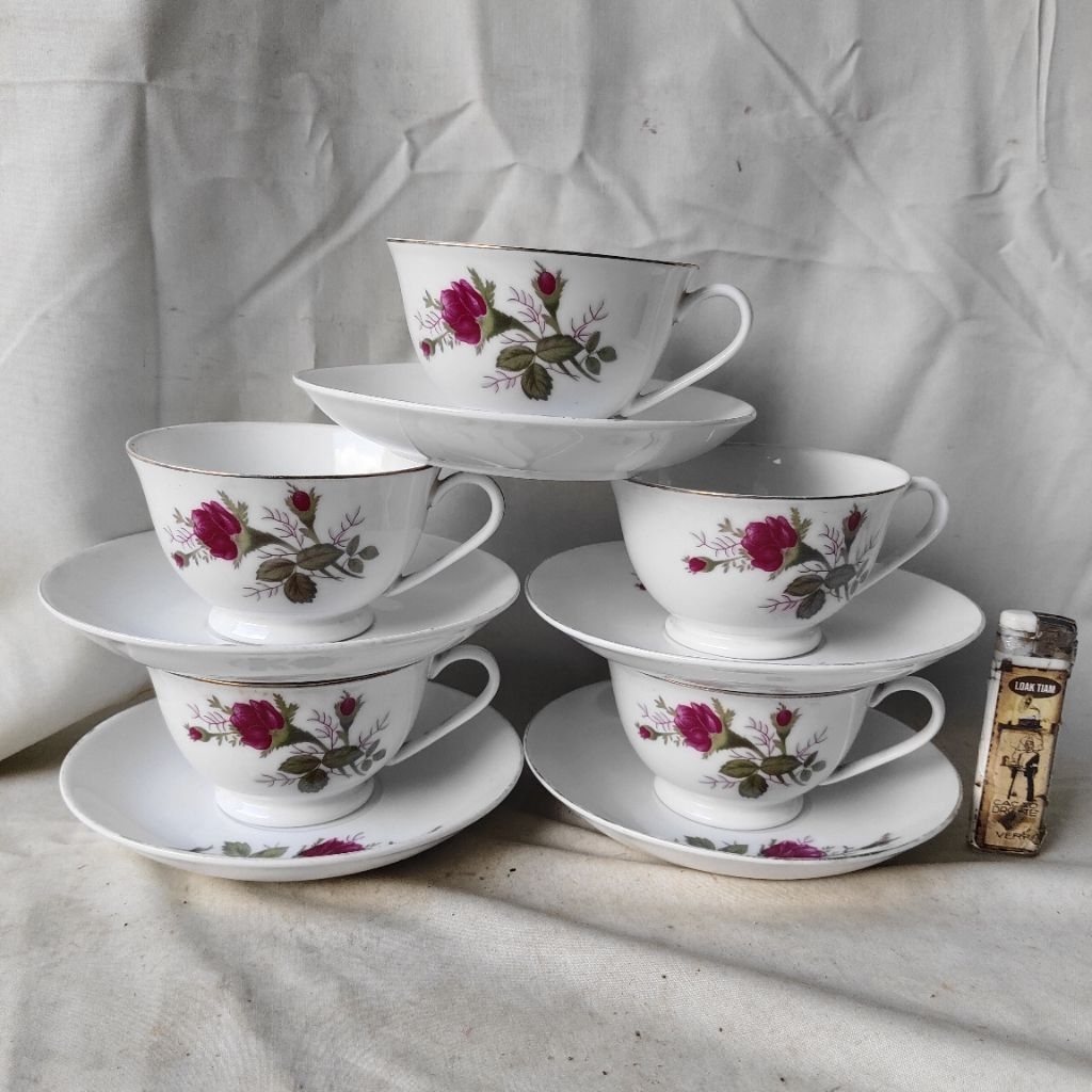 Pajangan Vintage 5 set Cangkir Bunga Keramik China