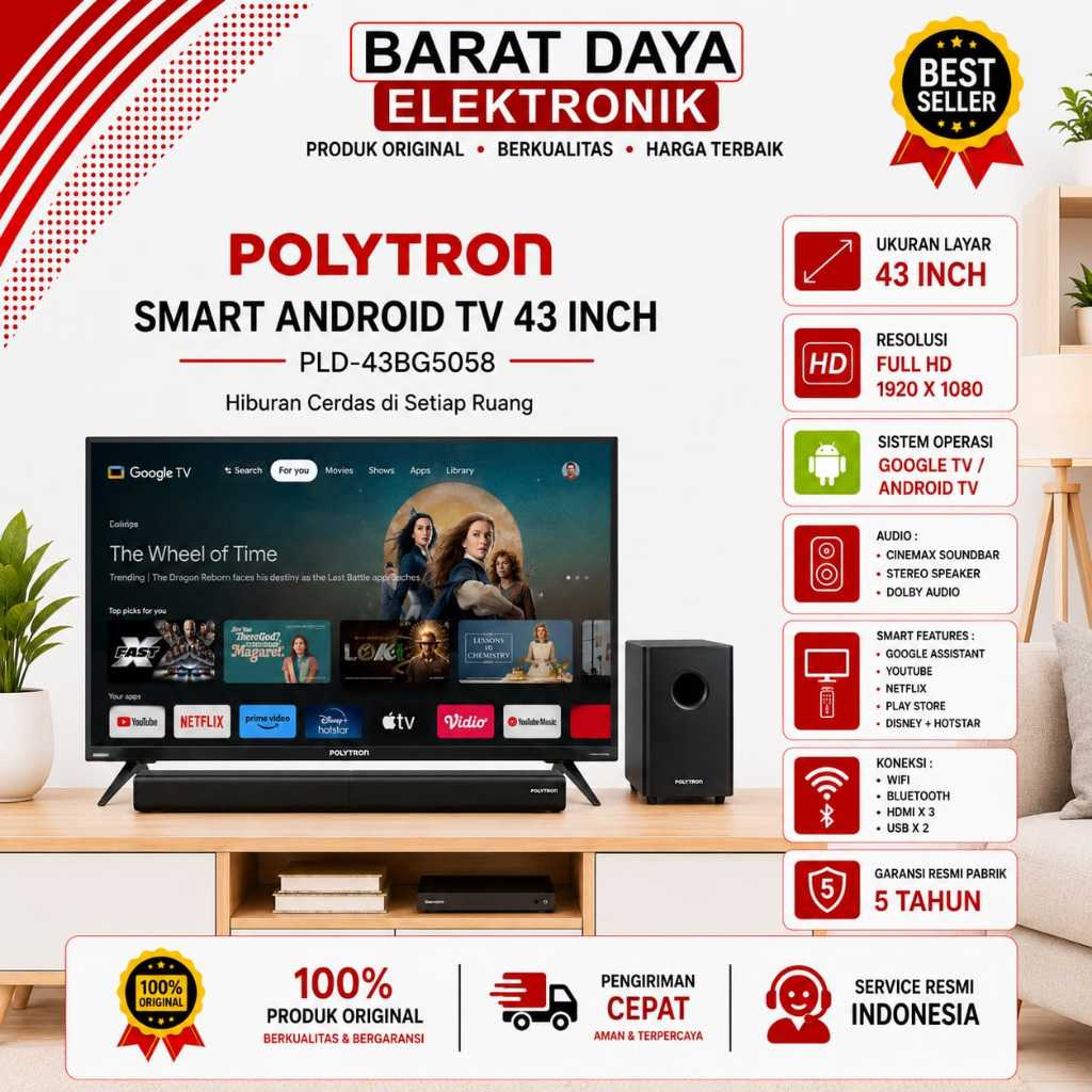 Polytron LED Smart Android TV 43" + Sound Bar Digital PLD 43BG5058