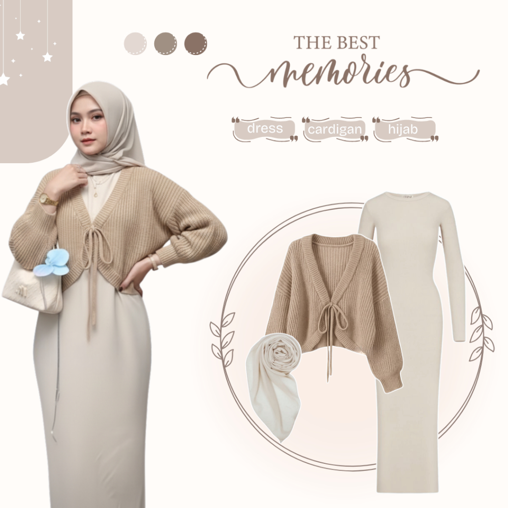Satu Set Outfit Wanita | Cardigan + Inner Dress + Hijab Bella | Setelan One Set Cewek - EO67N