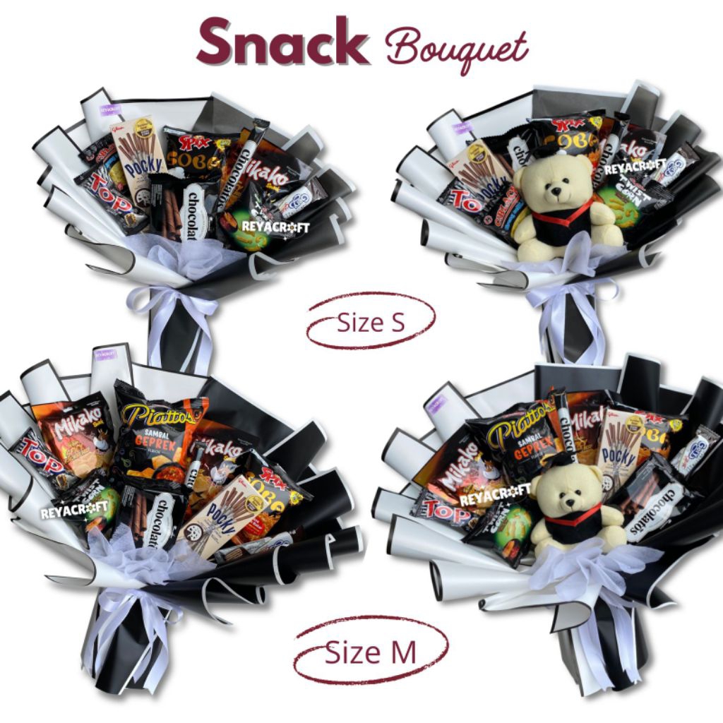 REYACRAFT Buket Snack Wisuda Hitam Putih | Buket Makanan | Buket Sempro | Buket untuk Cowok | Kado U