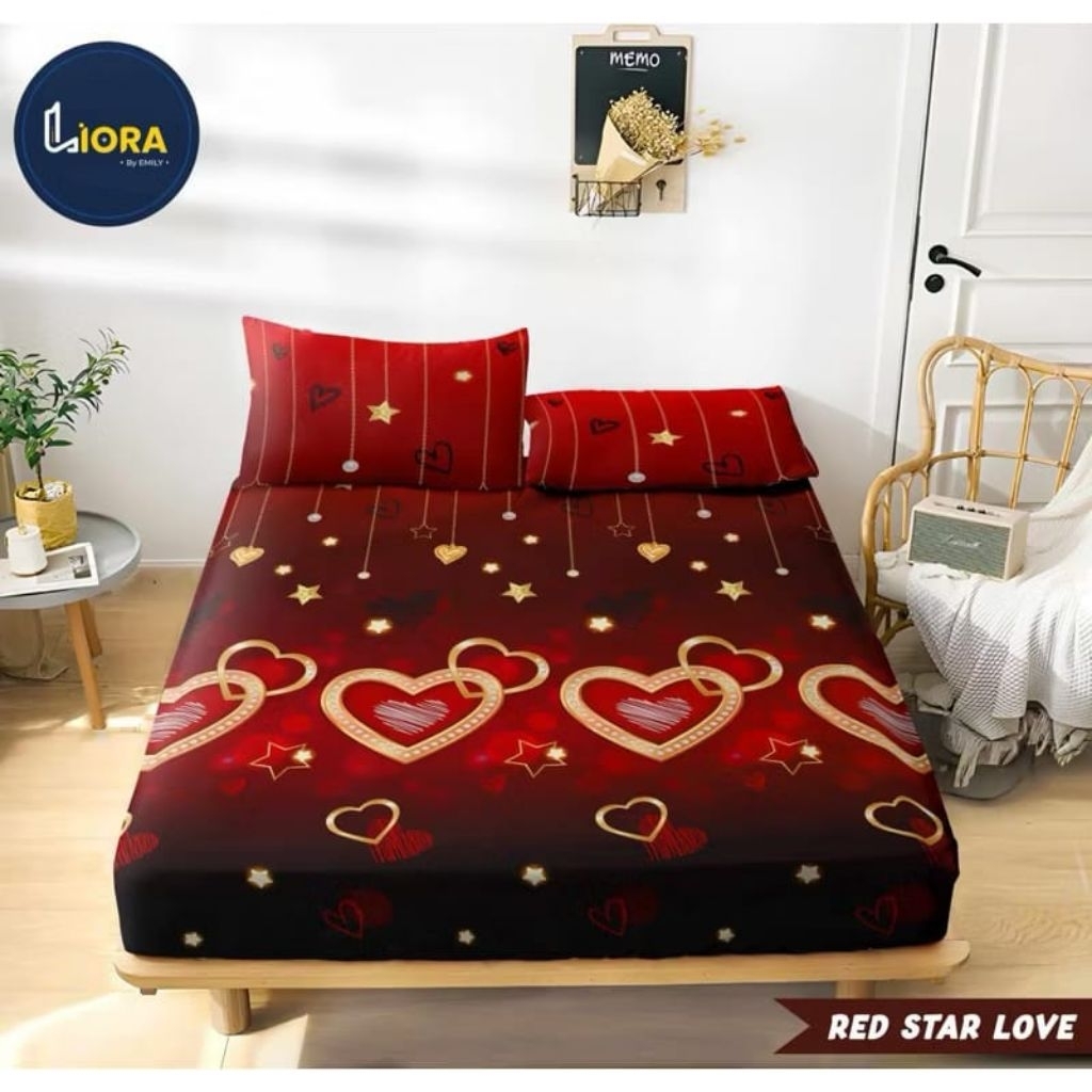 SPREI KARET KATUN PREMIUM 90/100/120/140/160/180/200 MOTIF love cinta heart lovely red merah star bi