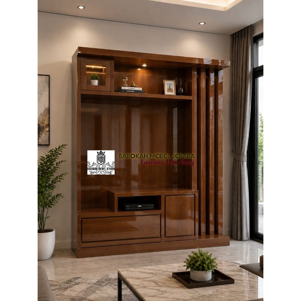 backdrop tv kayu jati partisi ruangan finishing salak brown glossy