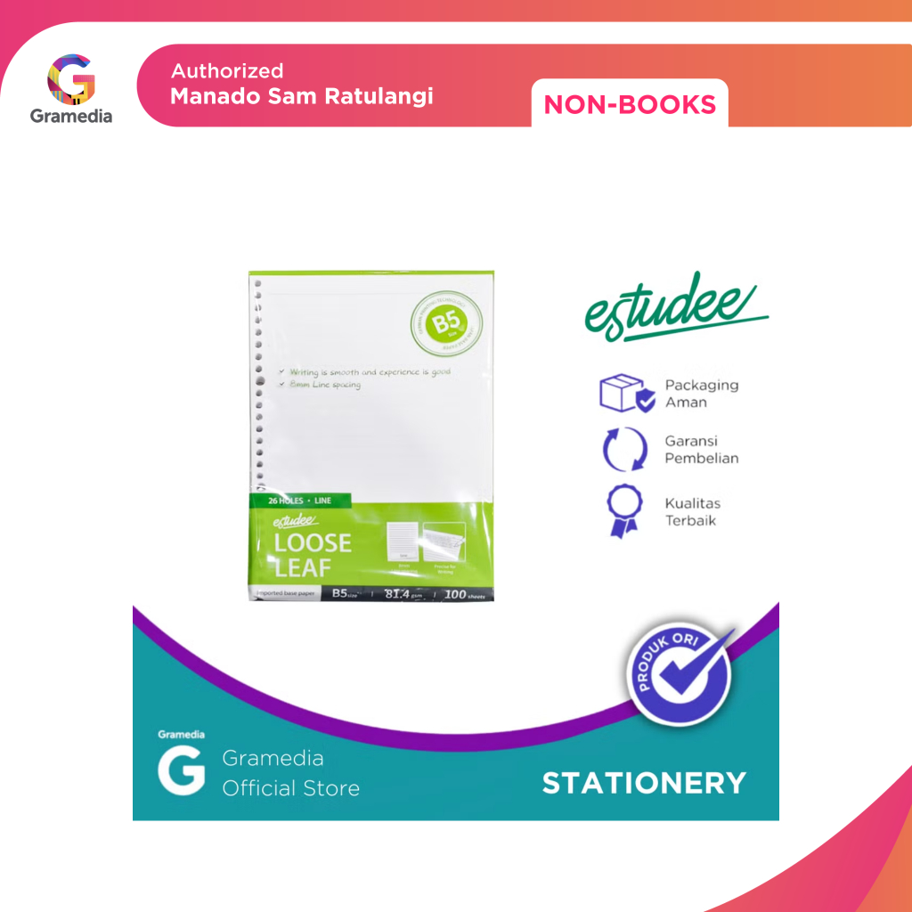 Gramedia Manado - Estudee Loose Leaf Premium - Line 8Mm B5 100Sht