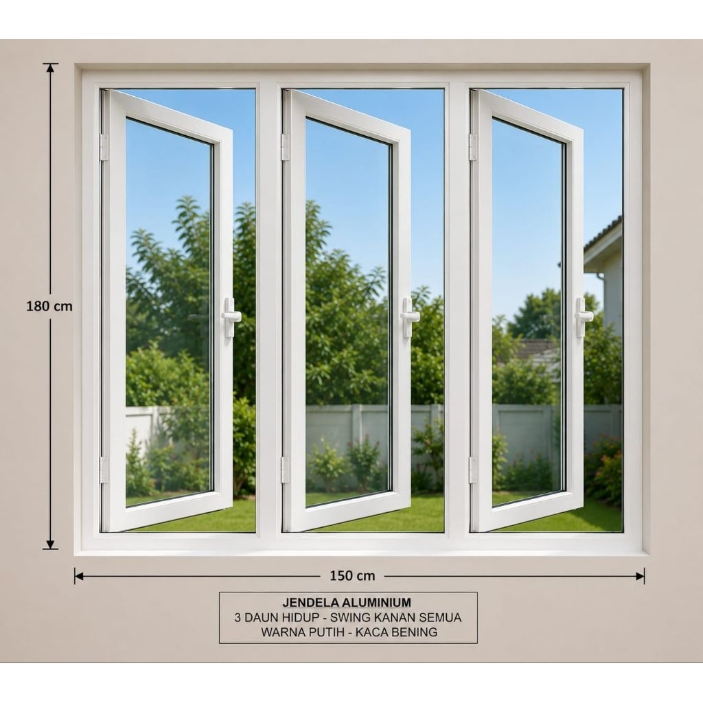 Jendela aluminium 3 daun aktif, free packing kayu