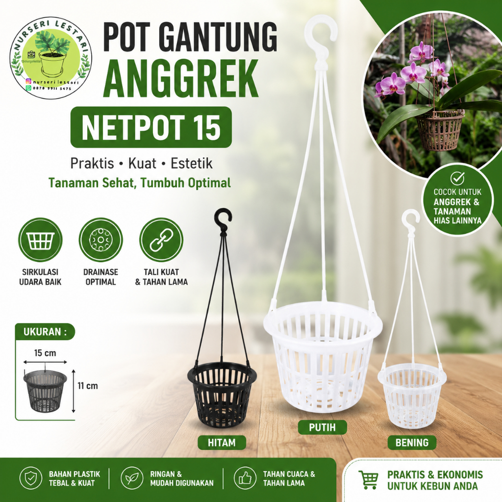 Pot Gantung Plastik Anggrek Netpot NKT 15 Good Quality - HITAM / PUTIH / BENING