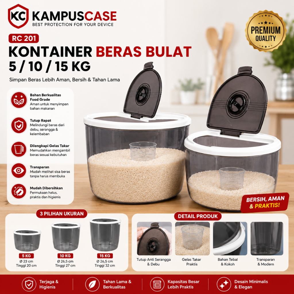 empat Beras Bulat 5–15KG RC 201 – Kedap Udara, Anti Kutu & Lembab, Wadah Beras Modern