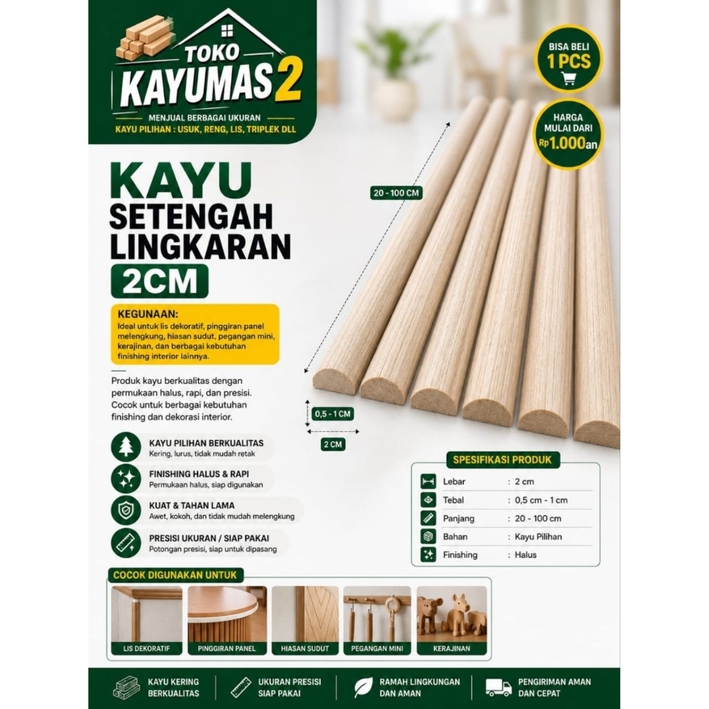 Kayu Setengah Lingkaran (Diameter Setengah Lingkaran 2cm) – Lis Dekorasi Pinggir Dinding & Furniture