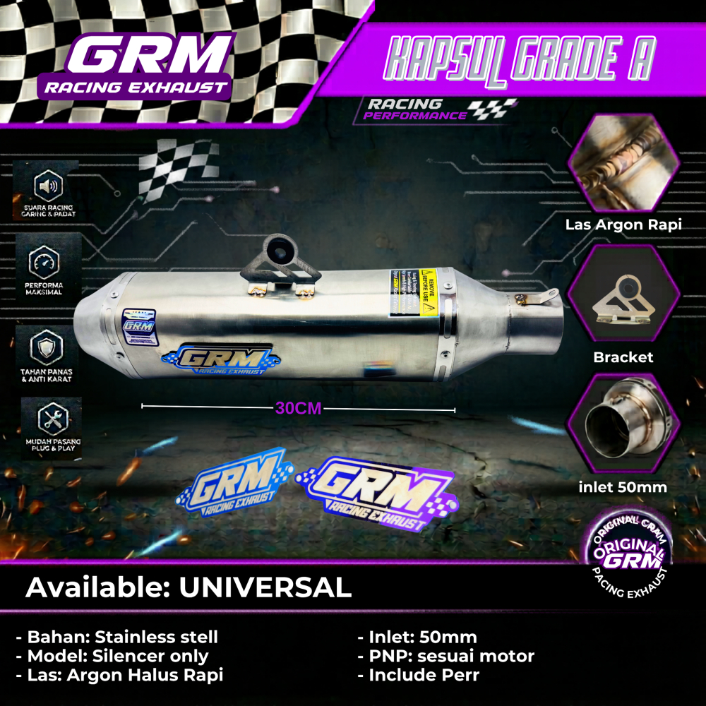 Silencer Knalpot GRM Kapsul Racing Inlet 50mm Universal MP Tiger FU CB150R Vixion Jupiter Stainless