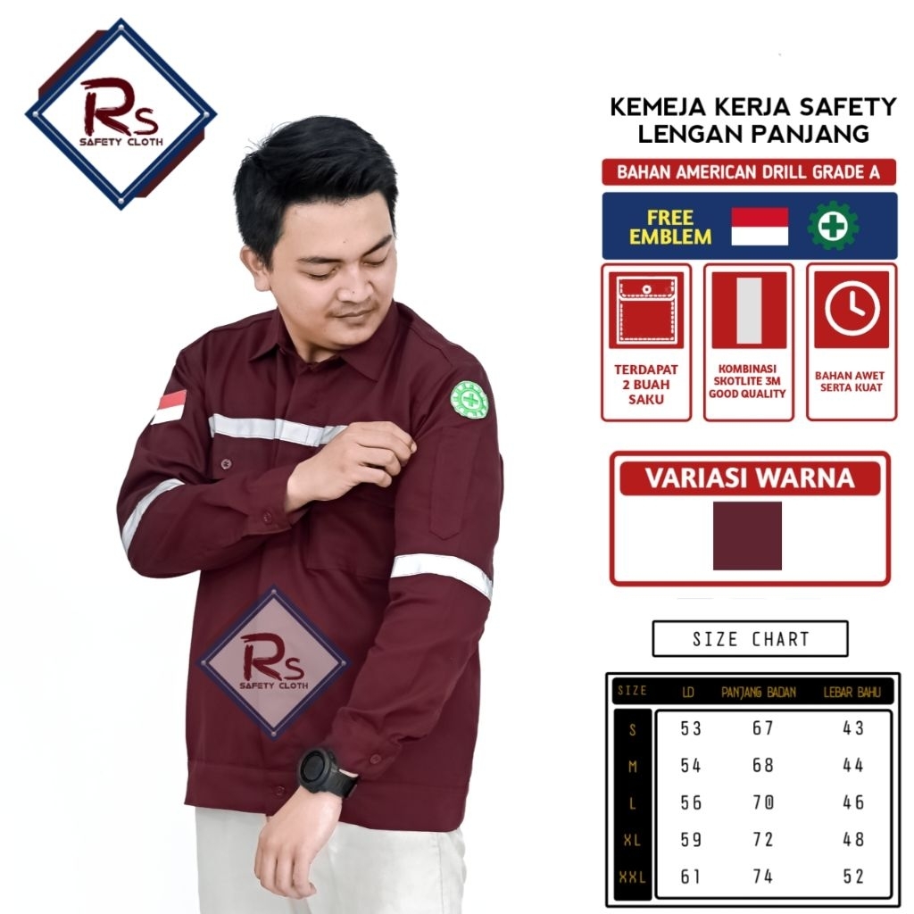 Rs safety cloth - baju kerja proyek safety first warna maroon bahan drill