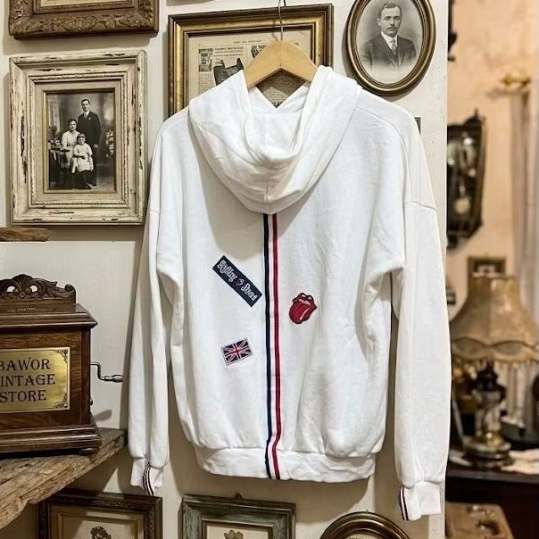 Reworked White Hoodie Bordir Rolling Stone