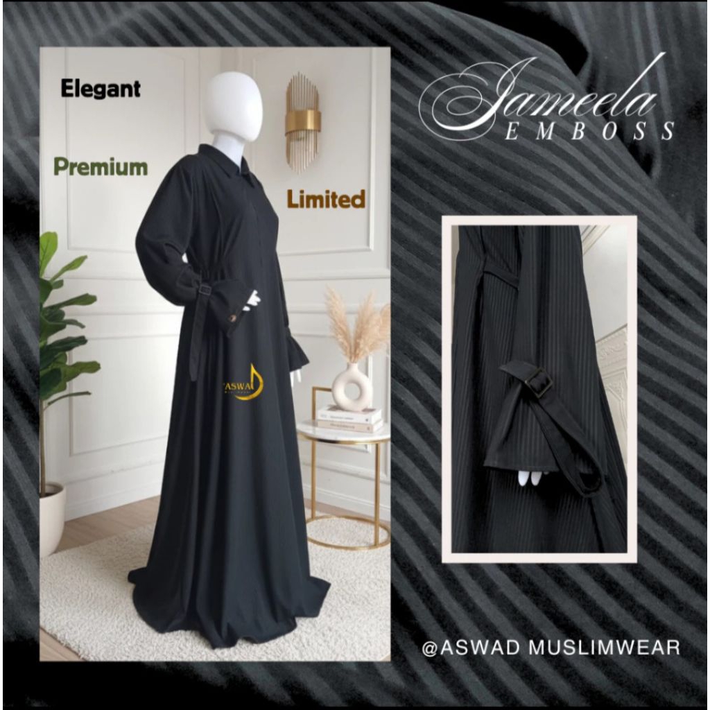 Aswad Gamis Abaya Jetblack Emboss Salur-Abaya Emboss Stripe