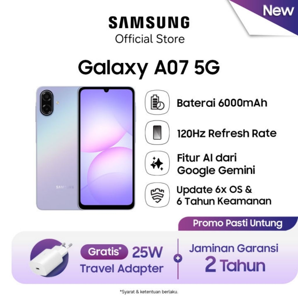 Samsung Galaxy A07 5G RAM 6GB - Tahan Air, Baterai 6000mAh, 12 Bulan Garansi