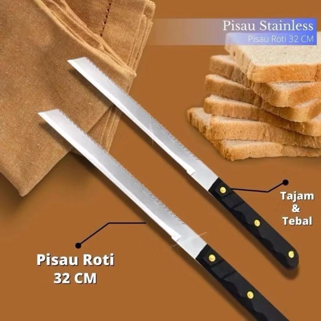 Pisau Roti Panjang 2 Sisi ( Gerigi & Polos Halus Tajam ) (32 cm / 8 inch) Stainless Steel kode.688 A