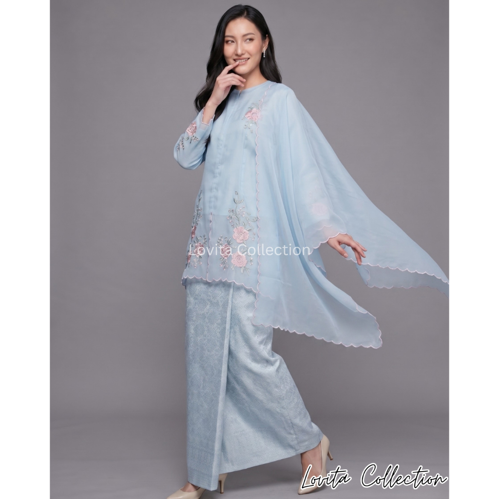 Setelan Kebaya Kurung Organza Nikita Sulam Bunga Premium dan Selendang Organza / Baju Tunik Organza 