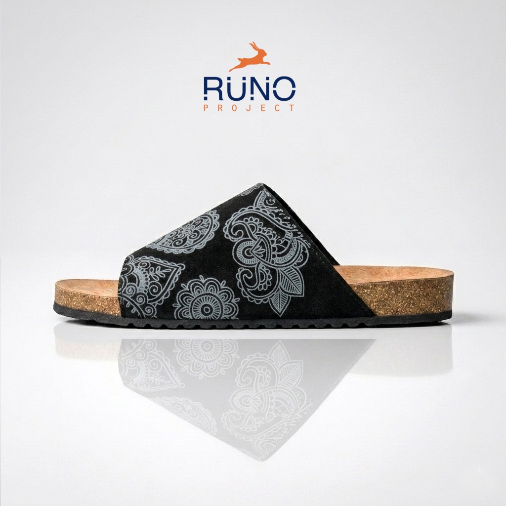 Shawn Black Paisley Classic Sole  Runo Project - Sandal Footbed Pria Slides Cork Birken Docmart