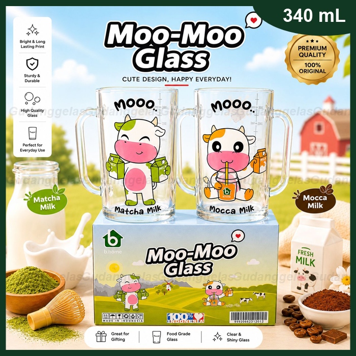 1 SET ISI 2 PCS GELAS MUG MOO-MOO GLASS/GELAS MUG SUSU MOCCA SET/GELAS MUG SUSU MATCHA SET/GELAS KAC