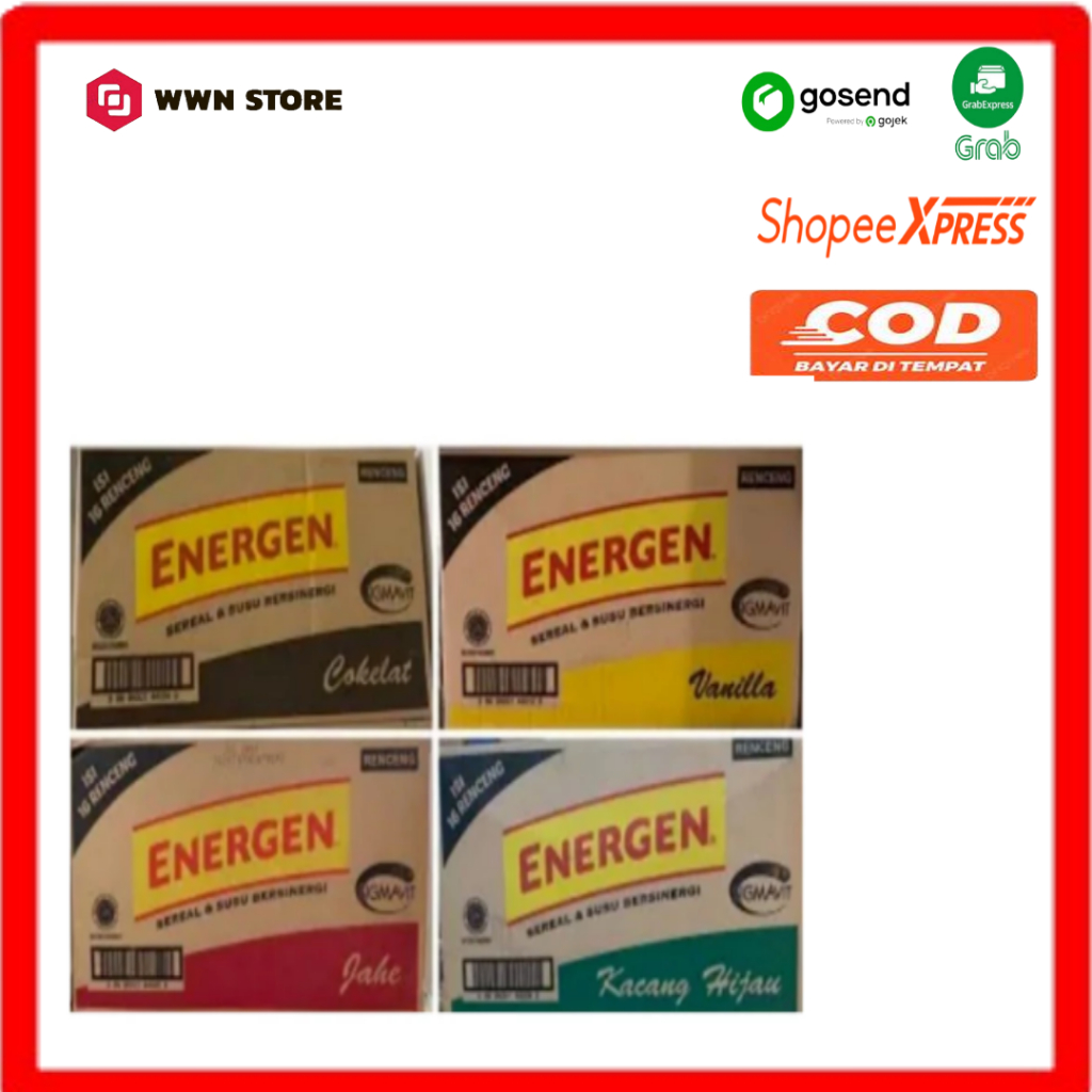 ENERGEN COKLAT,VANILLA,JAHE,KACANG HIJAU KURMA 1 DUS ISI 10 RENCENG