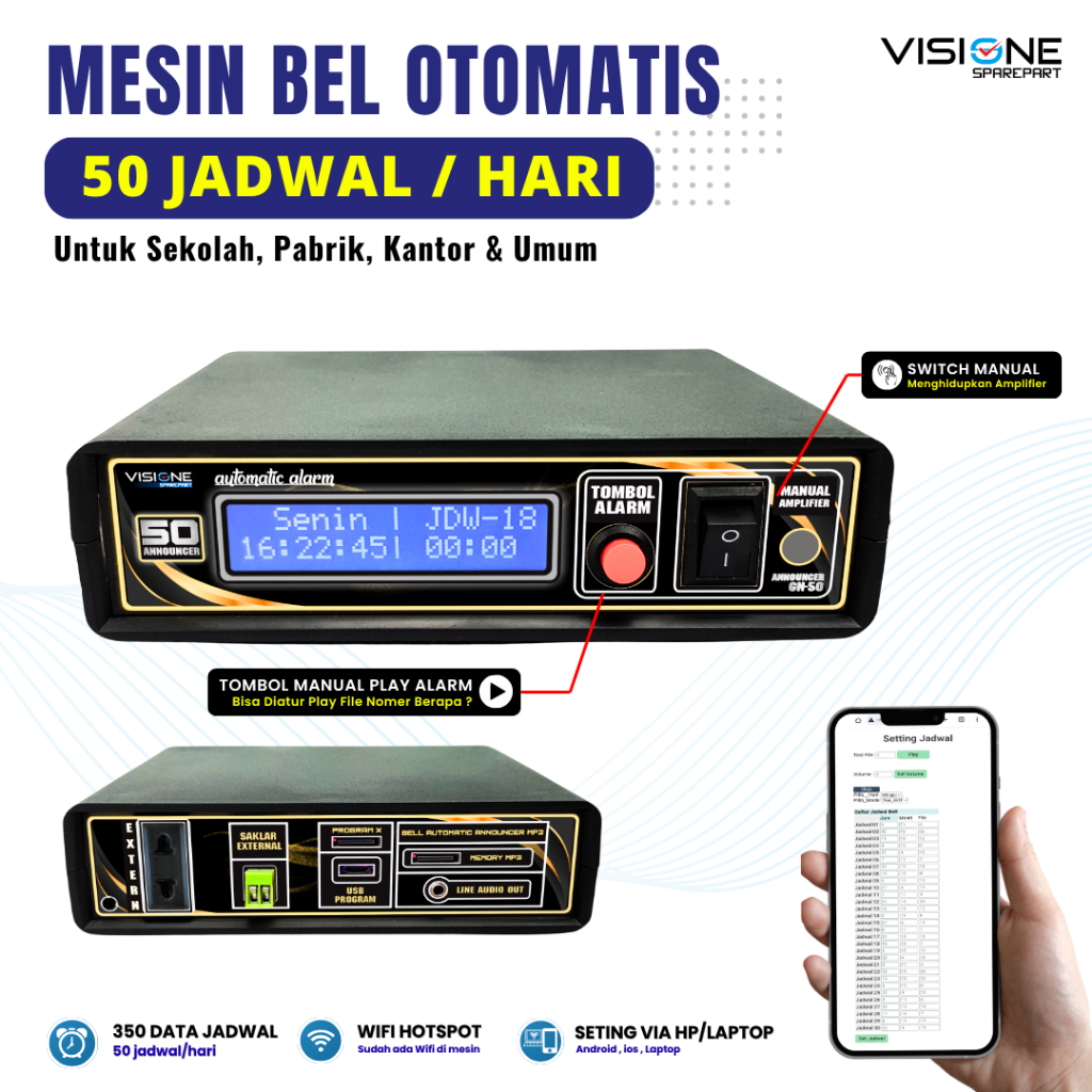 Bel Kantor Otomatis Bel Pabrik Bel Sekolah Otomatis & Manual Wifi MP3 Otomatis Alarm MP3 Visione