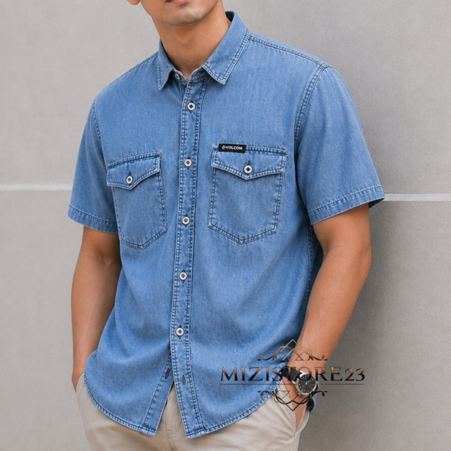 kemeja jeans denim pria lengan pendek kemeja denim pendek pria