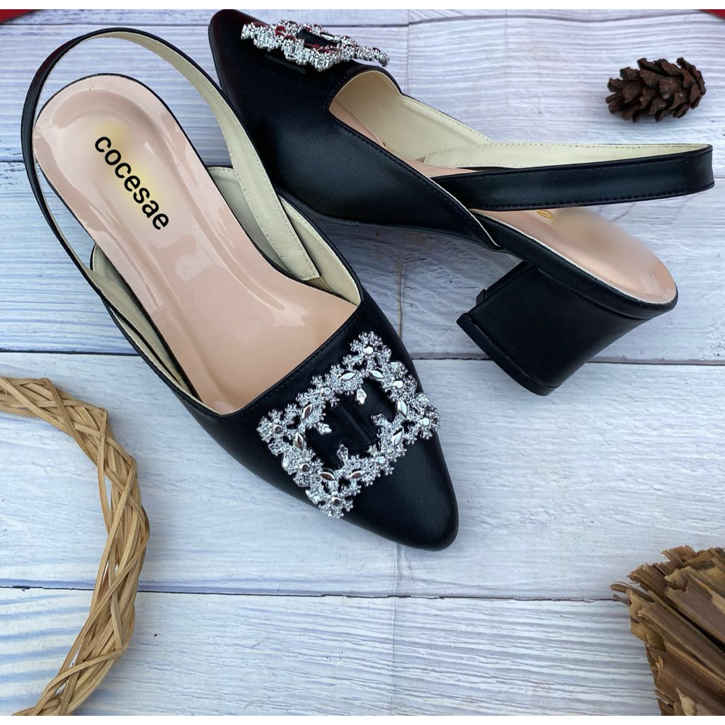 sandal lebaran tali belakang kotak emas hak 5cm