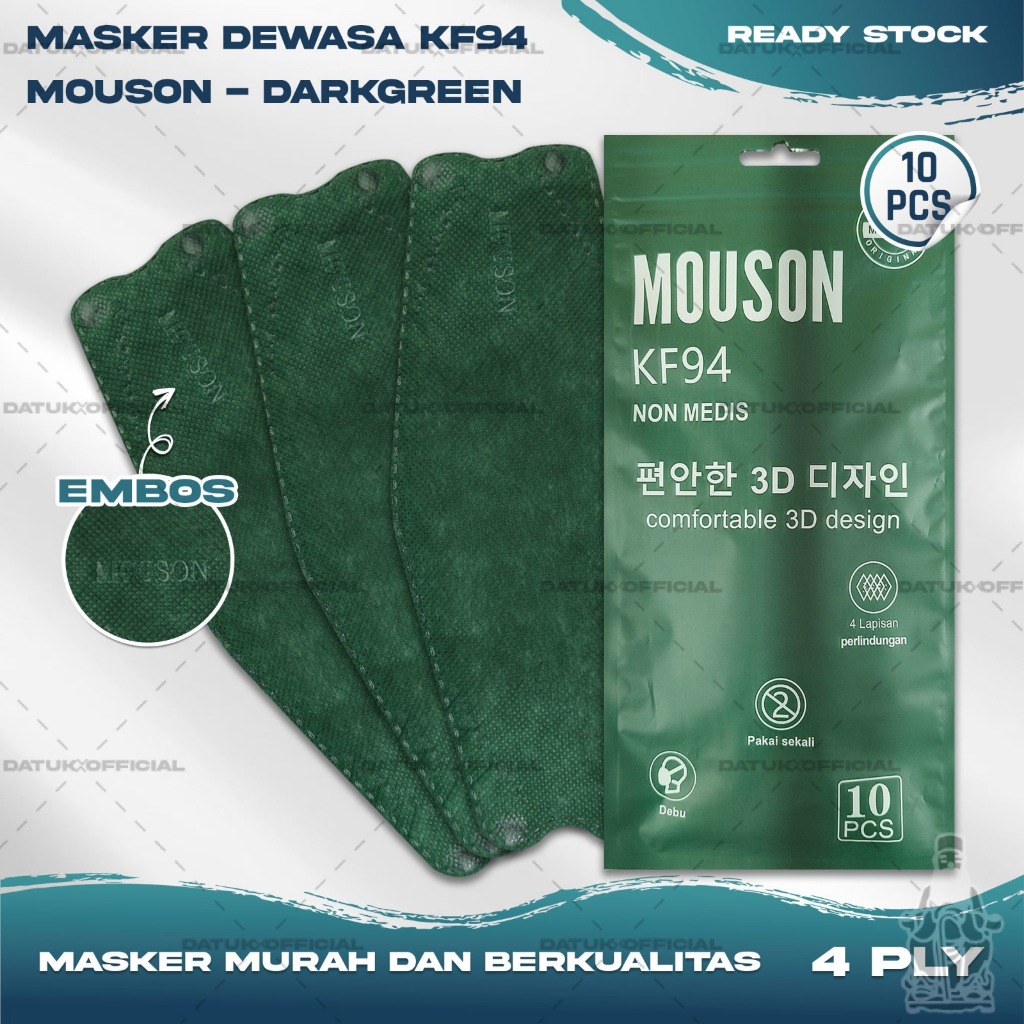 Masker KF94 MOUSON 4Ply Isi 10Pcs Warna Dark Green Hijau Tua Earloop KF94 4 Ply Surgical Mask